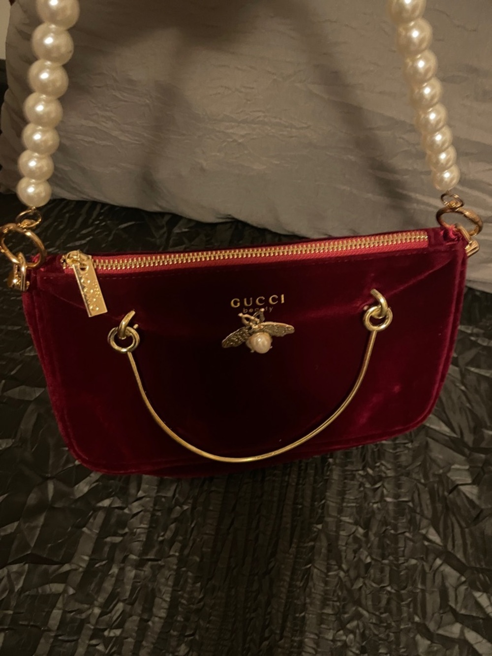 Gucci Burgundy Velvet Mini Bag with Pearl Handle and Bee Emblem - Picture 17 of 17